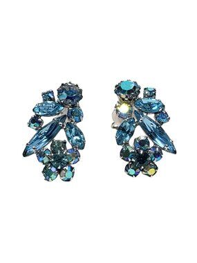 Sherman Blue Rhinestone AB Clip-On Earrings Vintage Jewelry